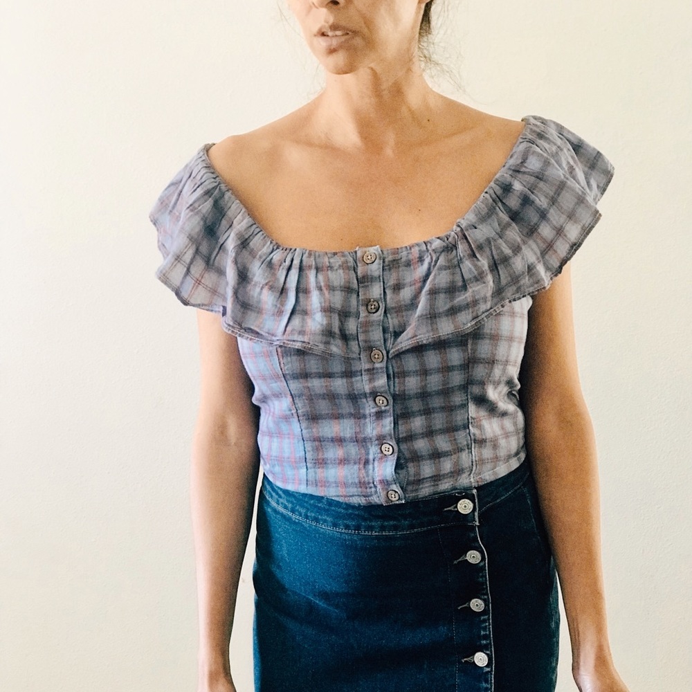 SOLD NWOT Free People blue plaid top size M - Picture 1 of 5